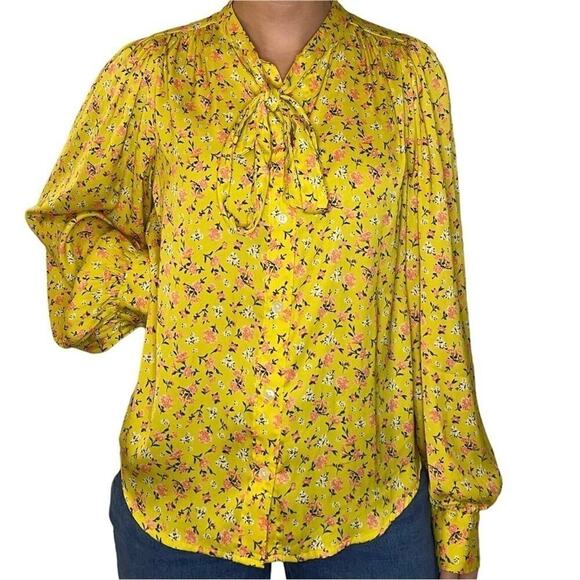 Levi’s Yellow Pink Floral Marianna Button Down Long Sleeve Blouse Bow Collared - Picture 3 of 5